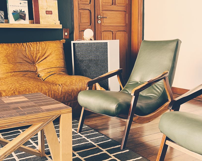 Cozy and modern living room featuring leather armchair and chic decor.
